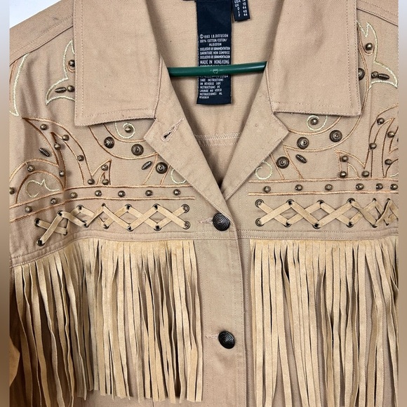 Vintage khaki denim fringe western jacket, 14, studs, embroidery Cowboy Rodeo - Picture 3 of 9